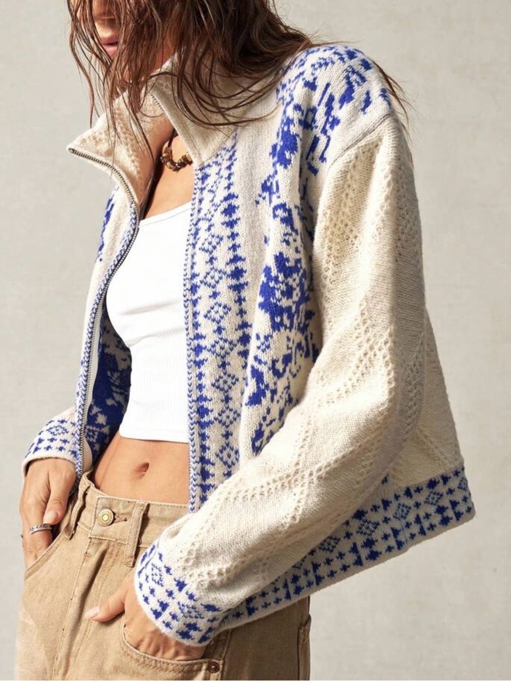 Cream Zip-Up Knit Cardigan with Blue Pattern - Picture 2 of 10